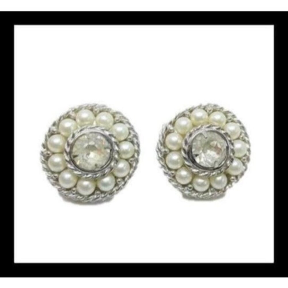 Vintage Signed Sarah Coventry Rhinestone Faux Pearl Clip On Earrings Silver Tone